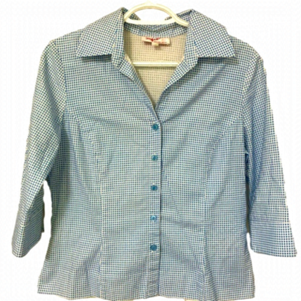 VINTAGE SANDY WHITE BLUE/WHITE CHECKED BLOUSE - Size 10 - 100% COTTON